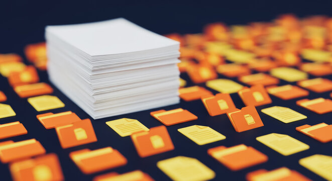 Digital Data and Paperwork Contrast: Stack of White Paper Sheets on Dark Background Surrounded by 3D Orange and Yellow File Folder and Document Icons. Modern Information Management and Storage.