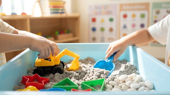 Children playing with kinetic sand and toy excavator, Kids sensory play with sand and construction toys, Toddlers developing fine motor skills in a classroom.
