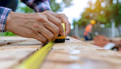 Obraz premium Close up of builder's hands using a yellow measuring tape on a wooden surface