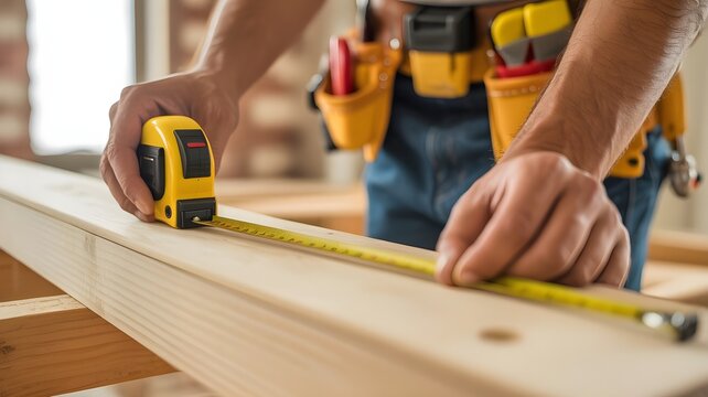 Close up of builder's hands using a yellow measuring tape on a wooden surface