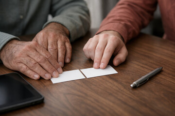 Hands holding business cards on wooden table with pen and tablet