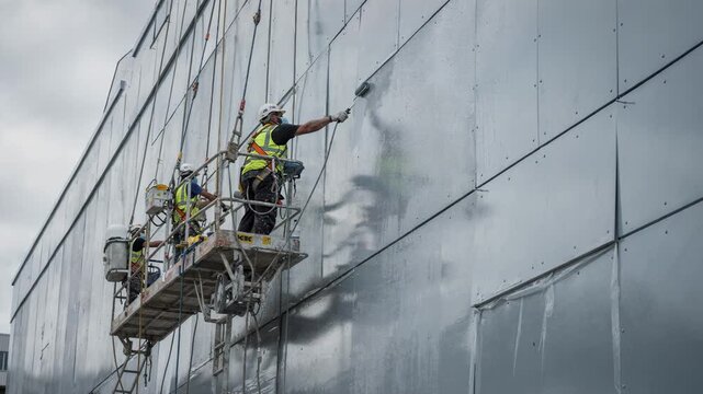 Construction crew in safety gear applies fresh paint to a large metal building facade using a suspended work platform. Industrial maintenance and renovation concept.