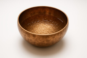 Copper bowl filled with water on white surface minimalist