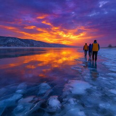 The low winter sun shining with an orange glow, the feeling of a peaceful journey to distant places. Generative AI