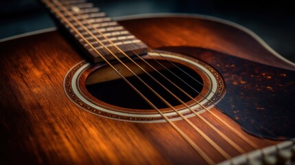 Obraz premium Wooden acoustic guitar closeup detail