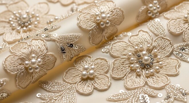 Intricate white lace fabric with delicate floral embroidery and beadwork
