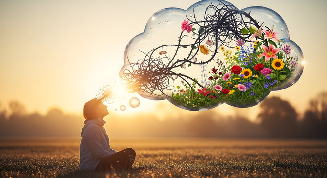  A thought bubble showing thorny vines turning into flowers, a metaphor for cognitive behavioral therapy (CBT), positive thinking, and mental transformation.