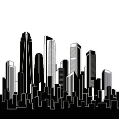 Obraz premium Modern Cityscape Silhouette: Tall Buildings and Skyline in Black and White