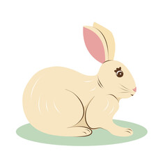 Obraz premium Cartoon white rabbit isolated on white background. Cute farm animal illustration for kids designs, agriculture themes and spring concepts. Easter bunny sitting on green grass.