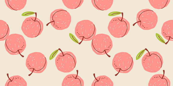 Seamless modern summer horizontal pattern with fruits: peaches on a light background; simple, cute vector illustration, hand-drawn with brush strokes, in a flat style