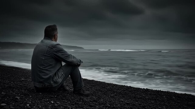 Contemplative Man Sits on Dark Beach Facing Stormy Sea.