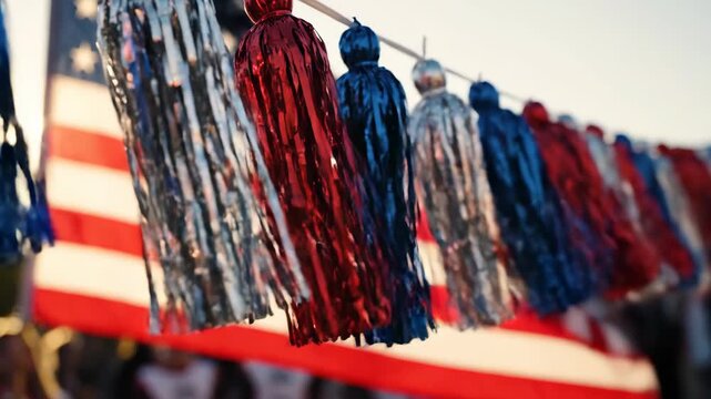 Red blue silver patriotic tassels with American flag background
