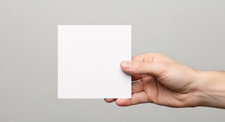 Fototapeta premium Close-up of a hand presenting a square blank white card mockup against a neutral grey background with soft, professional lighting.