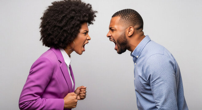 Young black couple arguing and shouting at each other indoors  