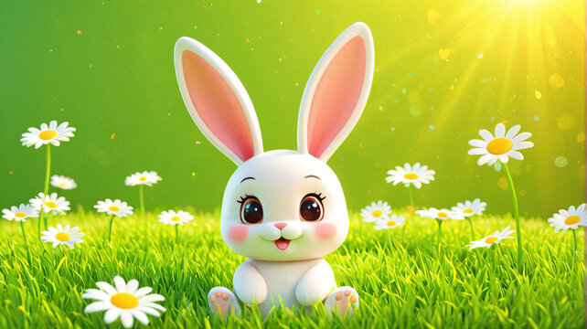 Niedlicher Comic Hase auf gr&uuml;ner Wiese mit Blumen