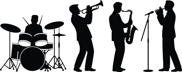 Jazz band silhouettes illustration, drummer with drum set, trumpet player, saxophonist, vocalist with microphone, live ensemble performance, music entertainment concept © Sharon 