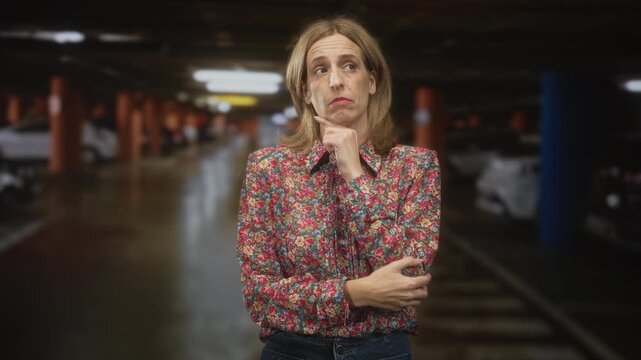 Woman with chin on hand and arm crossed beside parked cars in an underground parking building; uncertainty searching hesitation.