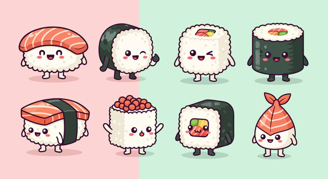 A delightful collection of eight adorable, cartoon-style sushi characters with happy faces and tiny limbs, set against a split pink and green background.