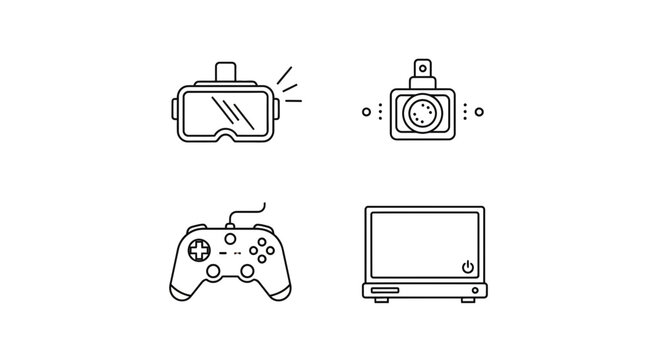 Set of icons: VR headset, action camera, game controller, and console. Technology and gaming concept.