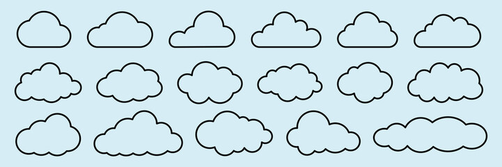 Set of cloud outlines in various shapes. Cloud shapes in black on a light blue background. Simple cloud designs for weather icons or graphics. Weather illustration, vector set.