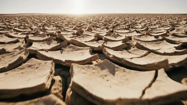 Vast expanse of cracked earth under a hazy, sunlit sky