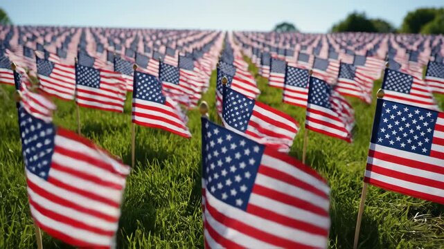 Rows of American flags on green grass for memorial day