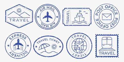Set of blue travel-themed stamps featuring planes, ships, and trains. Travel stamps for air mail, express delivery, and tickets. Travel icons and symbols. Blue travel stamps, vector set. © Rawpixel.com