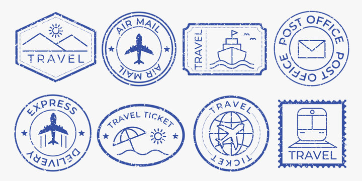 Set of blue travel-themed stamps featuring planes, ships, and trains. Travel stamps for air mail, express delivery, and tickets. Travel icons and symbols. Blue travel stamps, vector set.