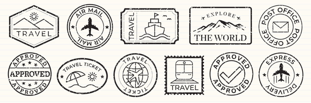 Vintage travel stamps with travel themes, featuring airplanes, ships, and globes. Travel stamps. Travel icons in black and white. Black travel stamps, vector set.