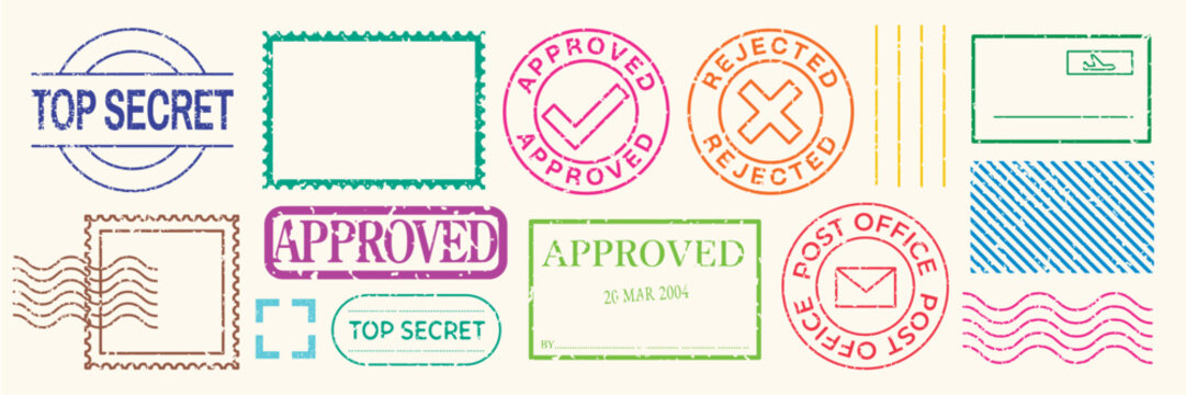 Colorful stamp collection with 'Approved,' 'Rejected,' 'Top Secret' labels. Various shapes and sizes. Stamps for documents, mail, and approval. Colorful stamps, element vector set