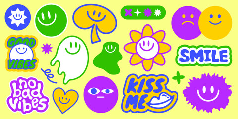 Colorful stickers with smiley faces, good vibes, and positive messages Bright smiley faces and good vibes create a cheerful, positive atmosphere Funky stickers, vector set