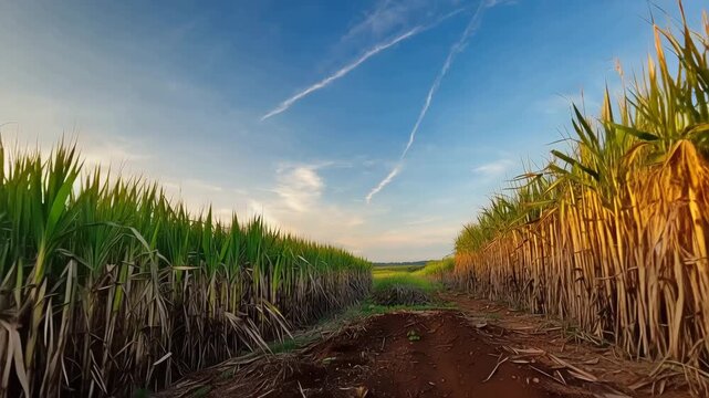 A vast sugarcane field stretches under a clear blue sky. Tall green sugarcane plants line the path, showcasing the harvesting process in tropical agriculture.