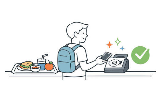 Young caucasian male student using smartphone for contactless payment in cafeteria