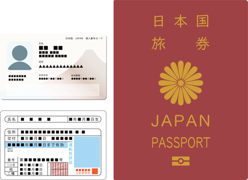 顔写真付きの身分証明として使える次期マイナンバーカード（個人番号カード）と運転免許証とパスポート　イメージイラスト