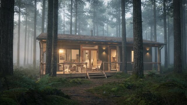 Warm lights glow from a rustic cabin surrounded by tall pine trees in foggy woodland. Peaceful outdoor retreat with serene atmosphere.