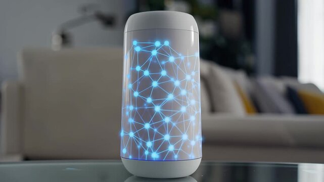 A modern smart speaker with a glowing blue network design. It sits on a glass table in a contemporary living room with soft furnishings and plants in the background.