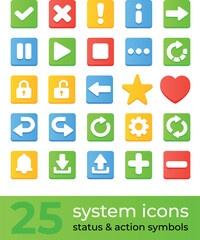 Flat UI system and navigation icon collection featuring status indicators, action controls, arrows, notifications, and interface symbols for mobile and web applications