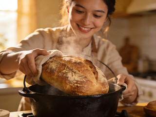 Smiling woman lifting a steaming loaf of bread from a cast iron pot baking cooking