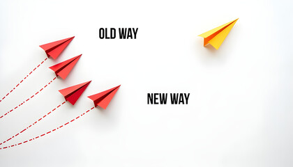 Red planes flying the old way and yellow paper planes flying the new way, changing path concept, different thinking, business leader, personality development idea concept