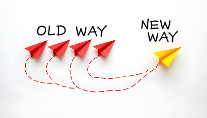 Red planes flying the old way and yellow paper planes flying the new way, changing path concept, different thinking, business leader, personality development idea concept