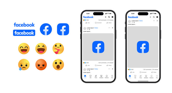 facebook post mockup social media template. like and love icon buttons and haha emoji smiley face, web post mock up frame . facebook notification icons, thumb up icon, favorite heart icon sticker