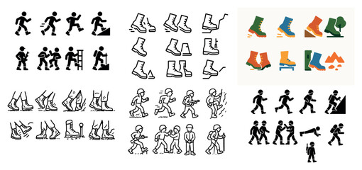 Various walking boot and hiker icons collection