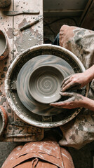 Fototapeta premium Top view of potter hands shaping clay on a spinning wheel. Artisan making a ceramic bowl in a workshop. International Day of Culture concept