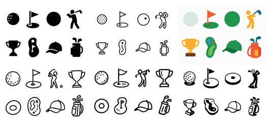 Golf icon set with equipment and trophy symbols