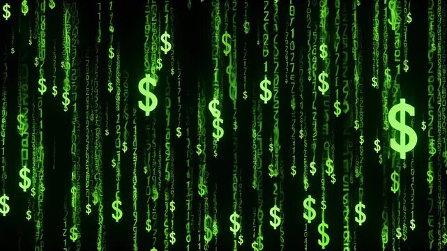 Neon Green Matrix Digital Rain with Falling Dollar Signs