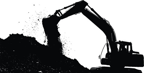 Excavator silhouette digging soil, heavy construction machinery dumping earth, black hydraulic digger vector illustration, industrial site background. © Sohan Creatives