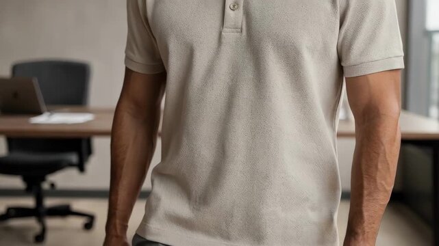 Medium shot of a professional wearing a textured pique knit polo shirt ideal for stylish yet comfortable office attire showcasing breathable fabric and sharp collar detail.