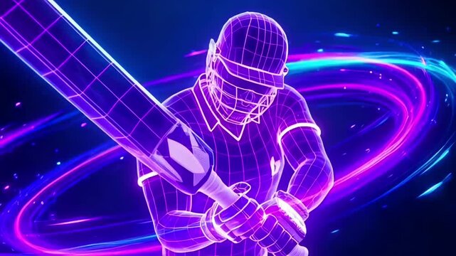 Cricket action neon player batting in stadium lights for global tournament promotion sports marketing campaign and championship broadcast branding