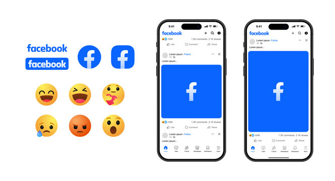 facebook post mockup social media template. like and love icon buttons and haha emoji smiley face, web post mock up frame . facebook notification icons, thumb up icon, favorite heart icon sticker