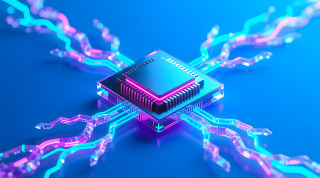Advanced AI processor chip with branching luminous data lines, set against a pure, solid, futuristic blue neon background.